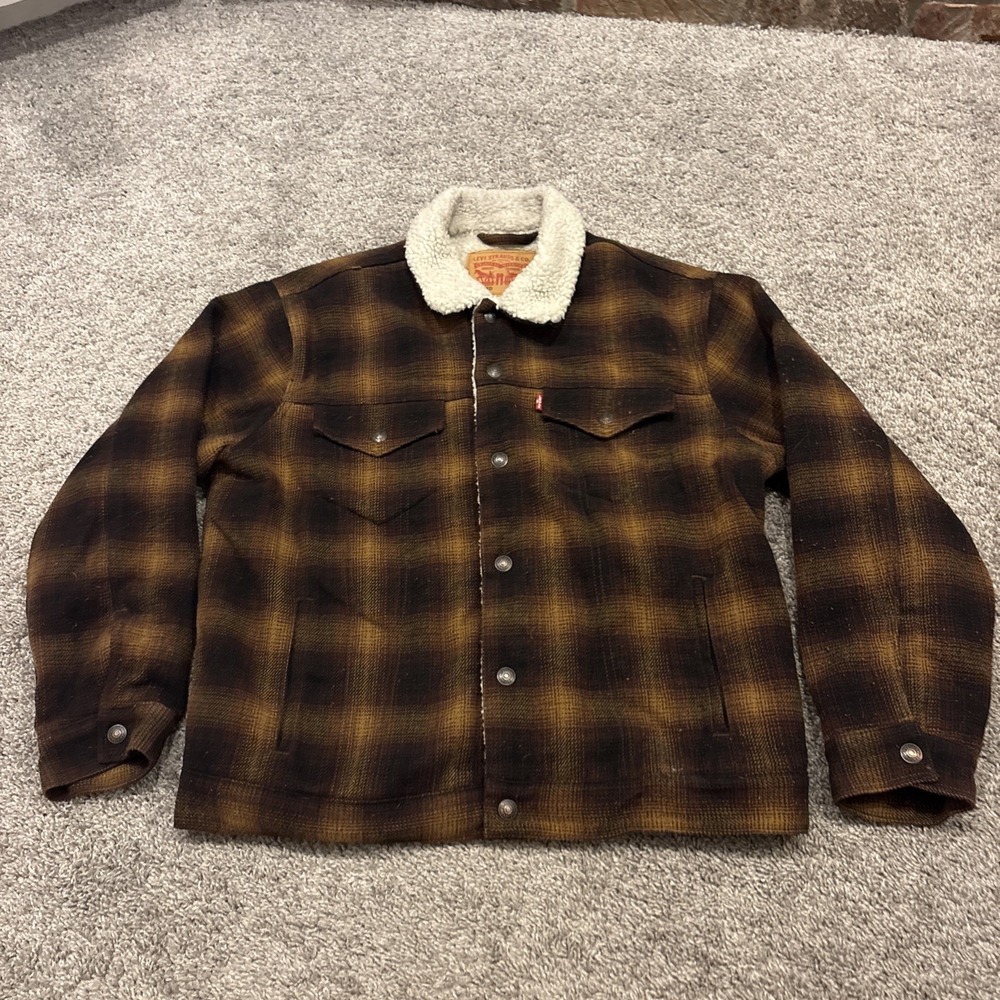 Levi's Sherpa Fleece Bomber Trucker Jacket Men's Size Medium Check Flannel Plaid
